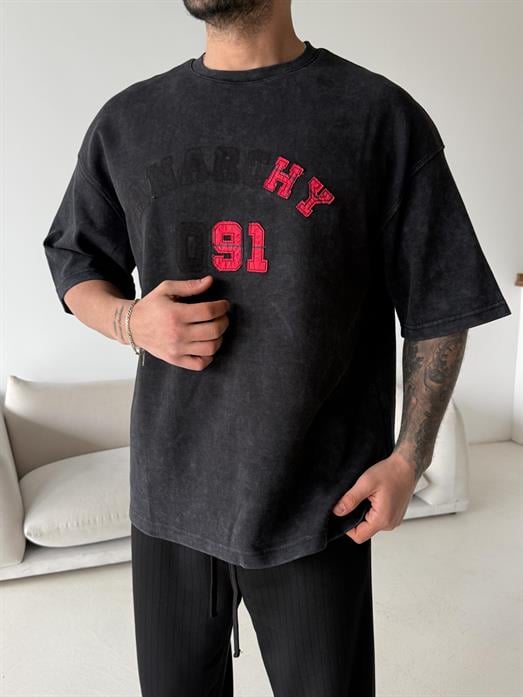 Siyah Anarchy Nakış Yıkamalı Tişört VMS V70-153