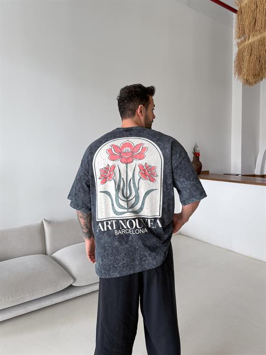 Siyah Barcelona Yıkamalı Oversize Tişört JJ Y210