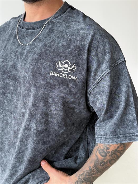 Siyah Barcelona Yıkamalı Oversize Tişört JJ Y210