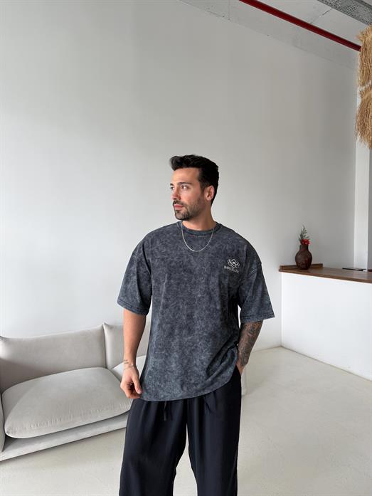 Siyah Barcelona Yıkamalı Oversize Tişört JJ Y210