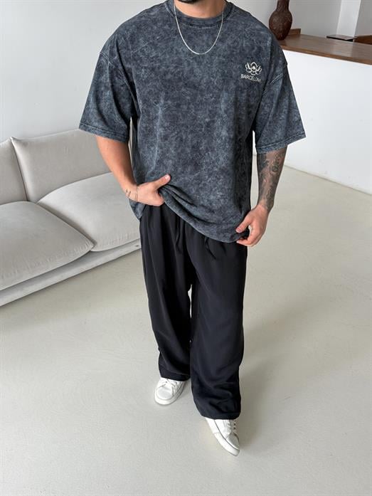 Siyah Barcelona Yıkamalı Oversize Tişört JJ Y210