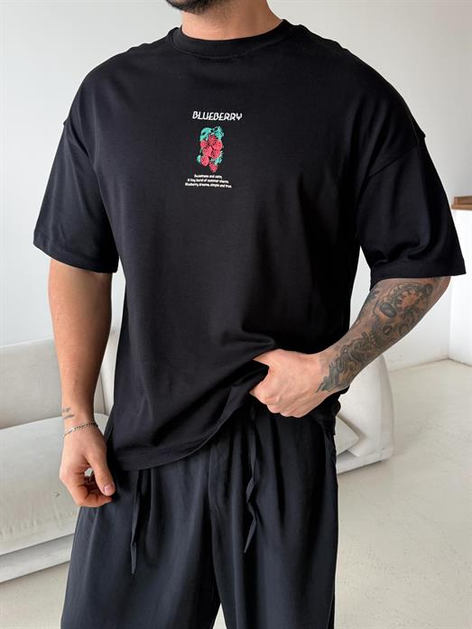 Siyah Blueberry Baskılı Pamuk Tişört JJ  Y126