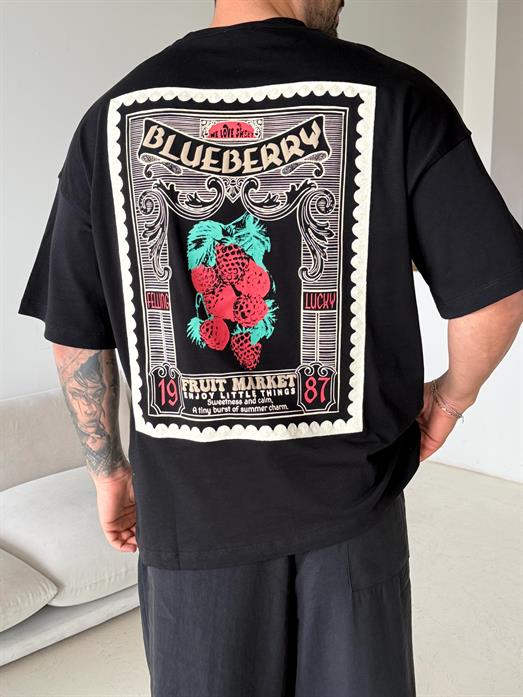 Siyah Blueberry Baskılı Pamuk Tişört JJ  Y126