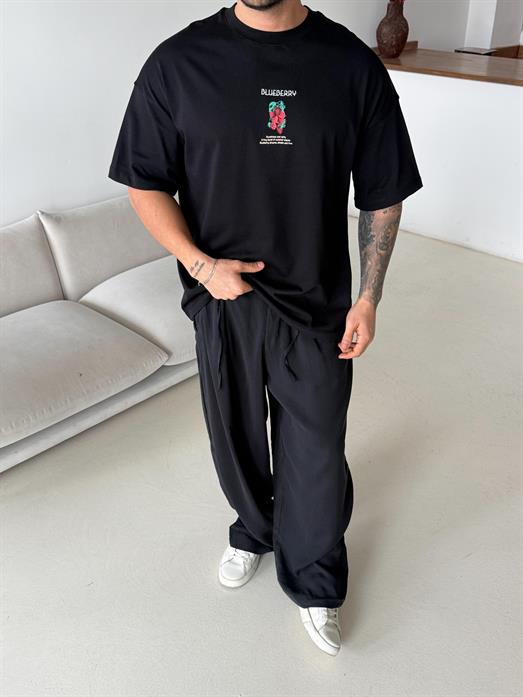 Siyah Blueberry Baskılı Pamuk Tişört JJ  Y126