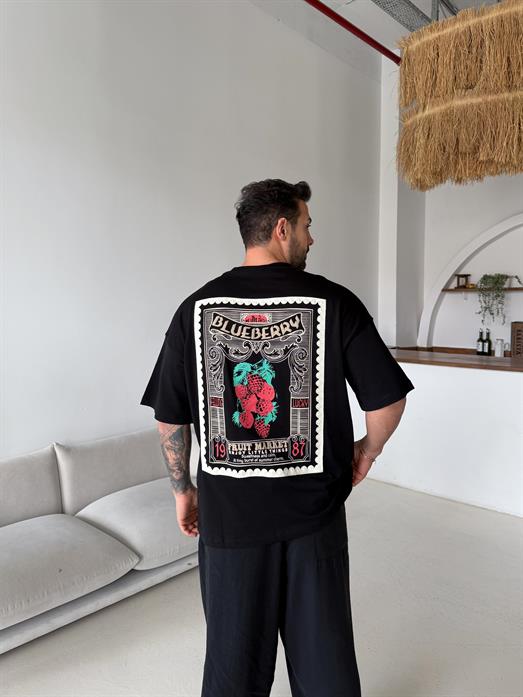 Siyah Blueberry Baskılı Pamuk Tişört JJ  Y126