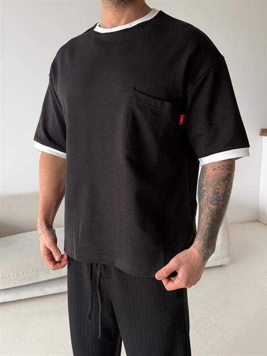 Siyah Cepli Biyeli Compak Oversize Tişört VMS V70-159