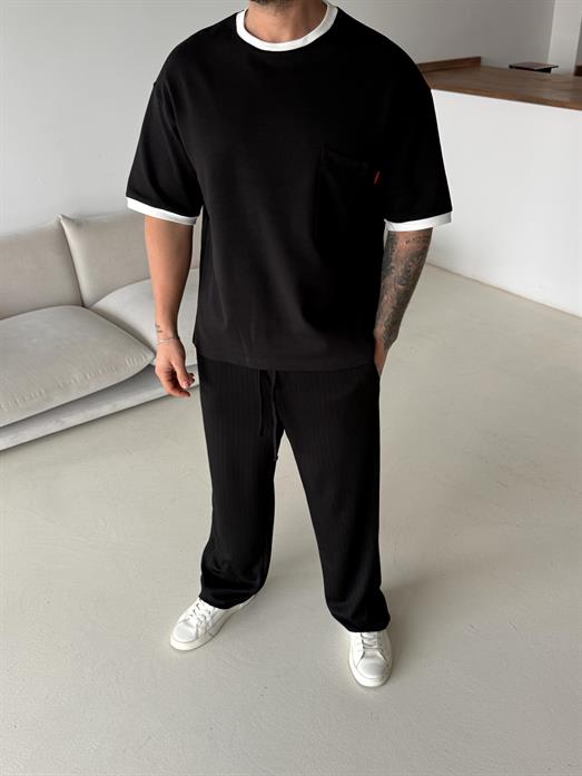 Siyah Cepli Biyeli Compak Oversize Tişört VMS V70-159