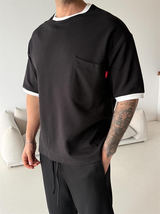 Siyah Cepli Biyeli Compak Oversize Tişört VMS V70-159