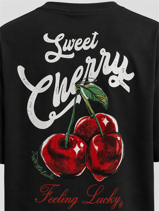 Siyah Cherry Fırçalı Kumaş Pamuk Tişört JJ 26Y141