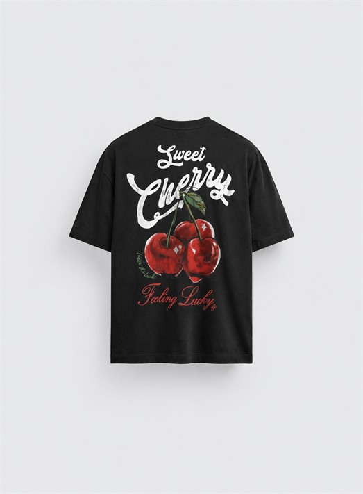 Siyah Cherry Fırçalı Kumaş Pamuk Tişört JJ 26Y141