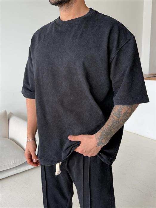 Siyah Compak Gramajlı Yıkamalı Oversize Tişört PLZ