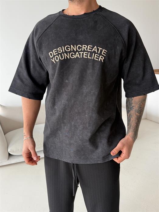 Siyah Designcreate Nakış Yıkamalı Tişört VMS V70-133