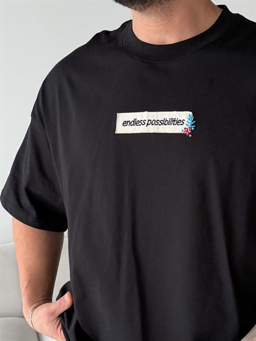 Siyah Endless Nakışlı Oversize Tişört JJ