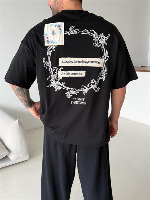 Siyah Endless Nakışlı Oversize Tişört JJ
