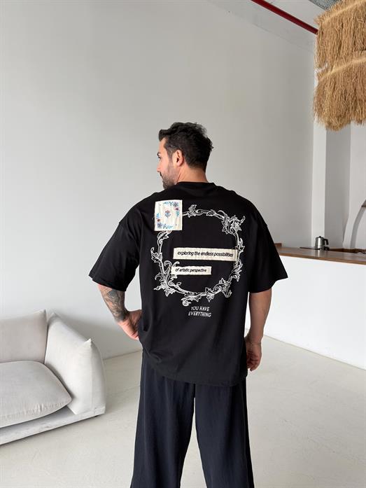 Siyah Endless Nakışlı Oversize Tişört JJ