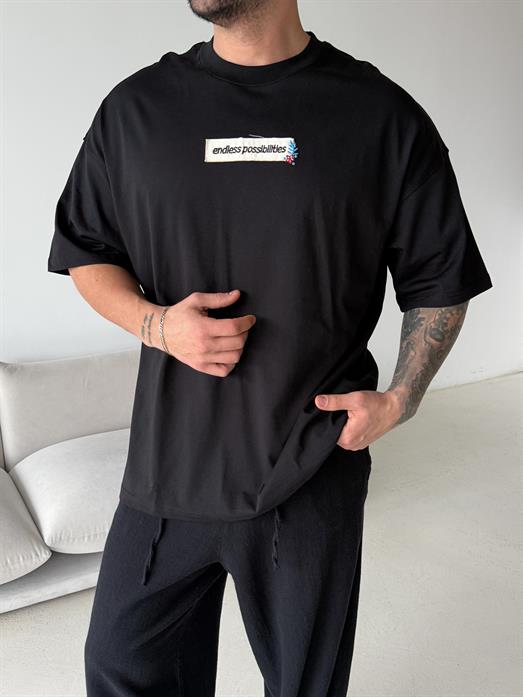 Siyah Endless Nakışlı Oversize Tişört JJ