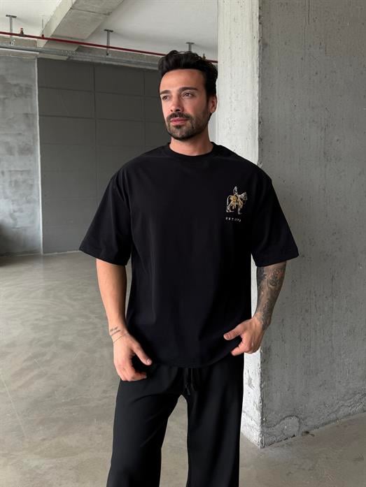 Siyah Fırçalı Minimalist Ön At Nakış Tişört PLZ 26184