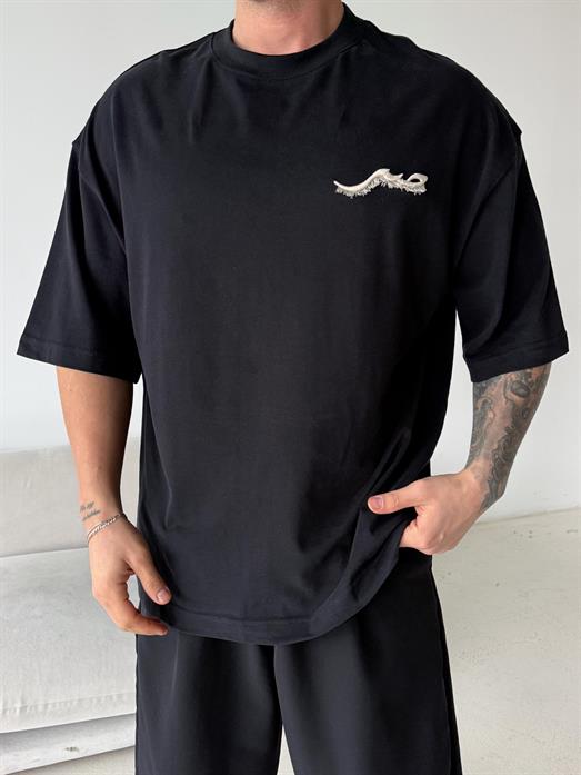 Siyah Fırçalı Yarım Sarı patchli Tişört PLZ 26158