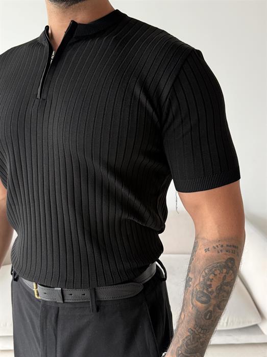 Siyah Fitilli Fermuarlı Bisiklet Yaka Triko TK