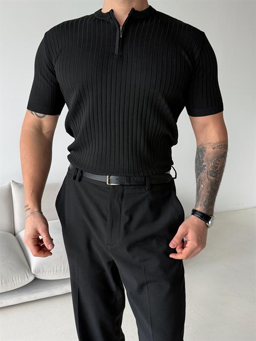 Siyah Fitilli Fermuarlı Bisiklet Yaka Triko TK