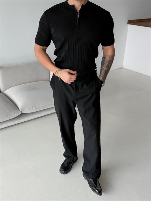 Siyah Fitilli Fermuarlı Bisiklet Yaka Triko TK