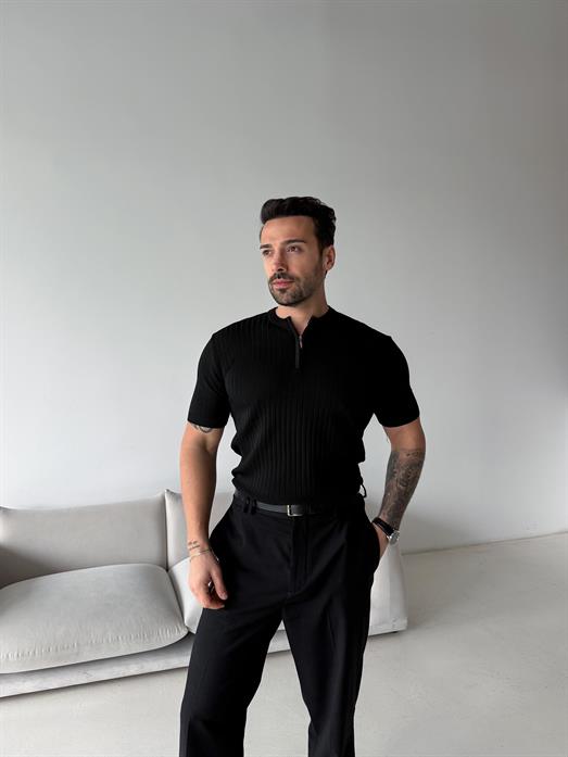 Siyah Fitilli Fermuarlı Bisiklet Yaka Triko TK