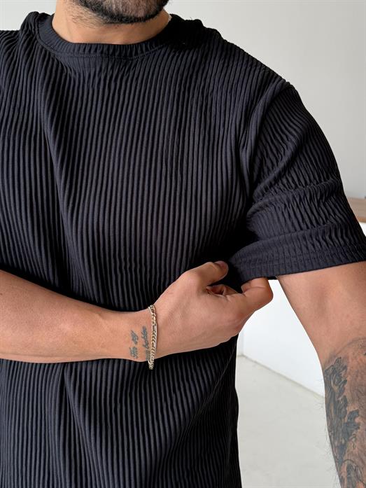 Siyah Fitilli Pamuk Bol Kalıp Tişört JJ