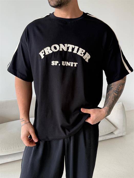 Siyah Frontier Nakışlı Oversize Tişört JJ Y125