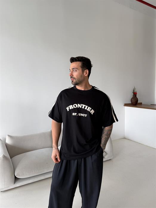 Siyah Frontier Nakışlı Oversize Tişört JJ Y125