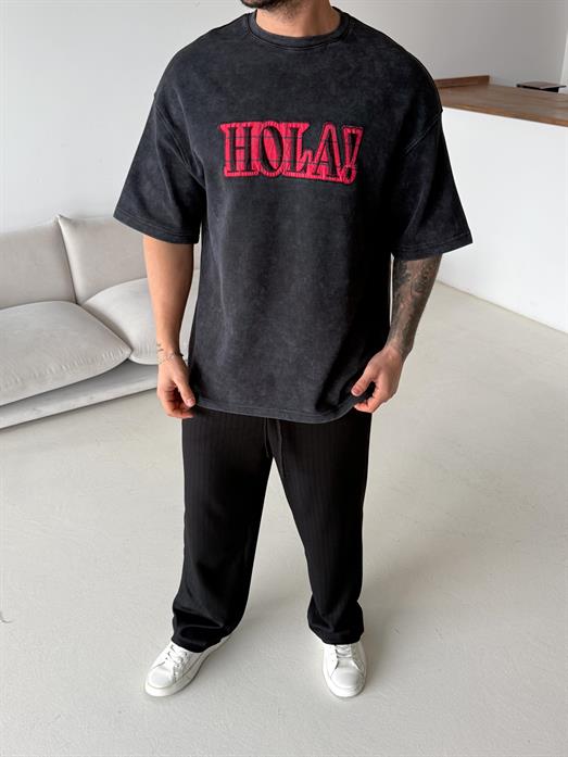 Siyah Hola Nakış Yıkamalı Tişört VMS VS 70-146