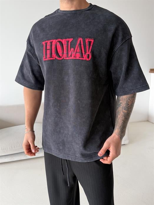 Siyah Hola Nakış Yıkamalı Tişört VMS VS 70-146