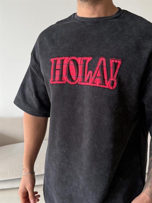 Siyah Hola Nakış Yıkamalı Tişört VMS VS 70-146