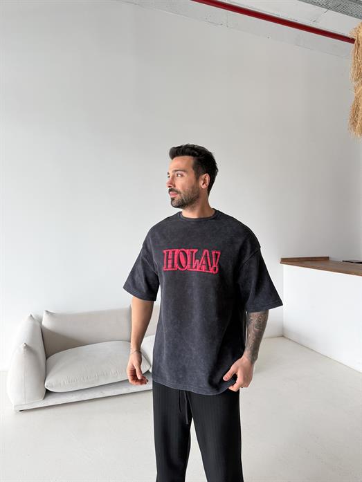 Siyah Hola Nakış Yıkamalı Tişört VMS VS 70-146