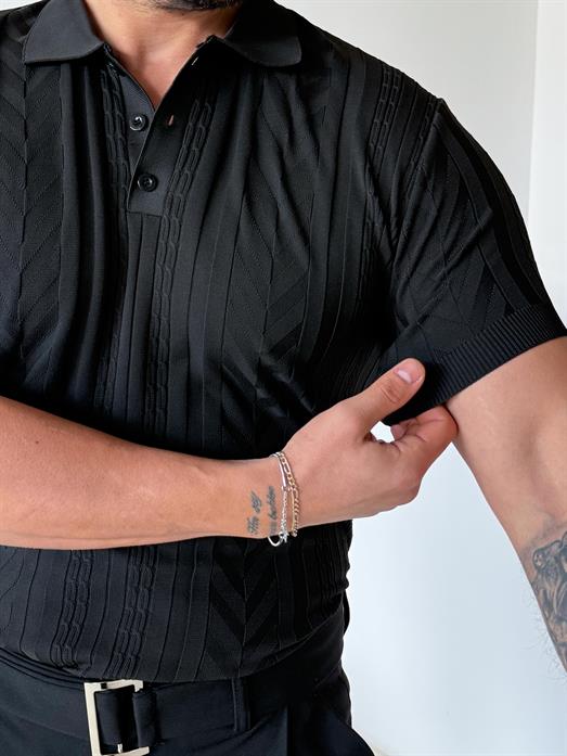 Siyah Jakar Desenli Düğmeli Polo Triko Tk