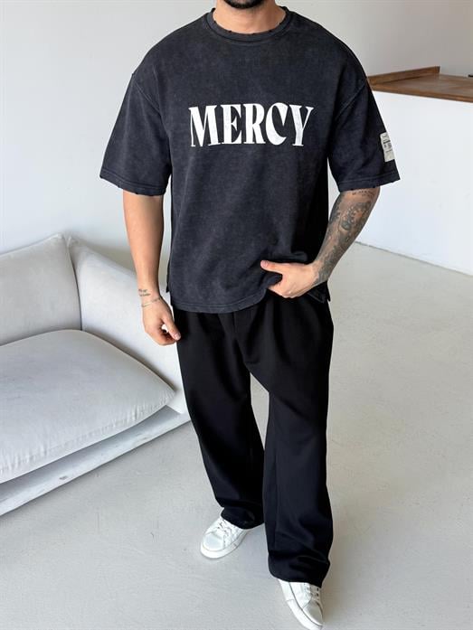 Siyah Mercy Baskılı Yıkamalı Tişört 70140 VMS