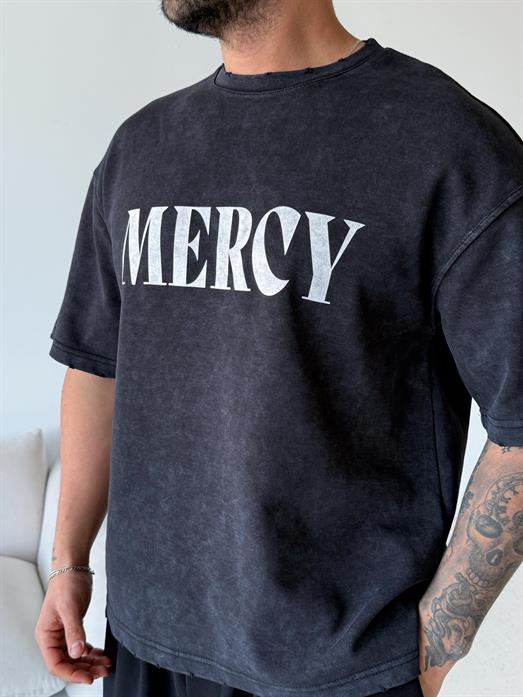 Siyah Mercy Baskılı Yıkamalı Tişört 70140 VMS