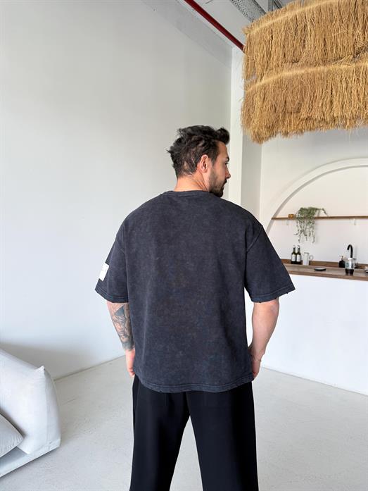 Siyah Mercy Baskılı Yıkamalı Tişört 70140 VMS