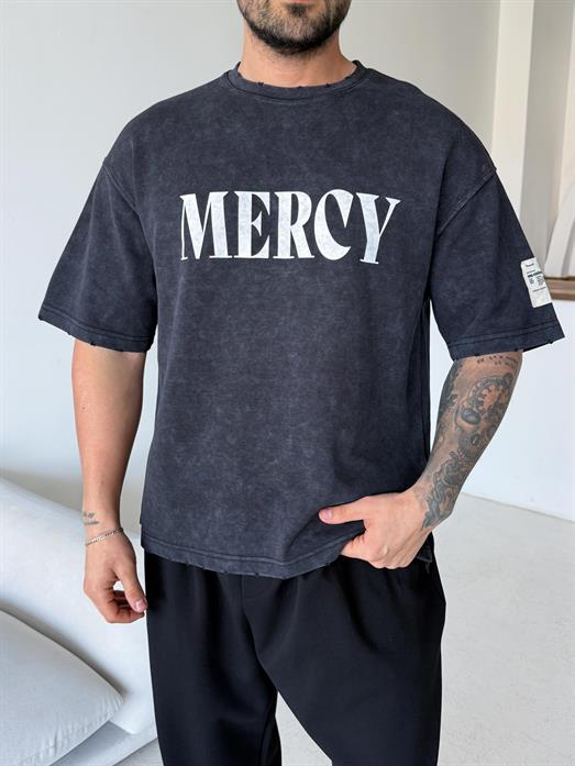 Siyah Mercy Baskılı Yıkamalı Tişört 70140 VMS