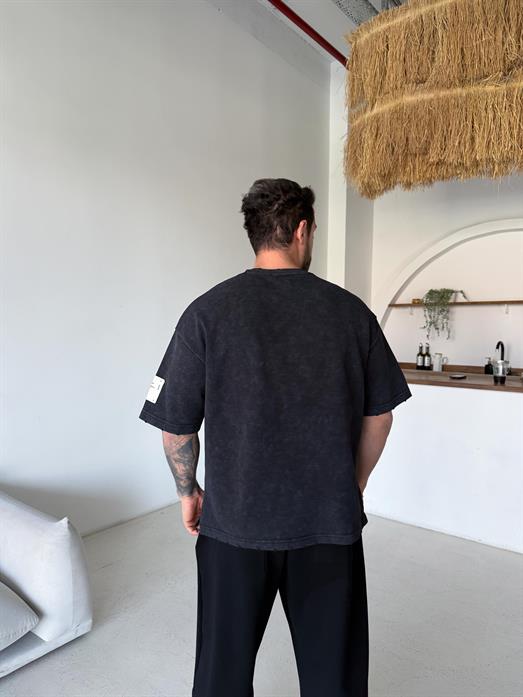 Siyah Mercy Baskılı Yıkamalı Tişört 70140 VMS