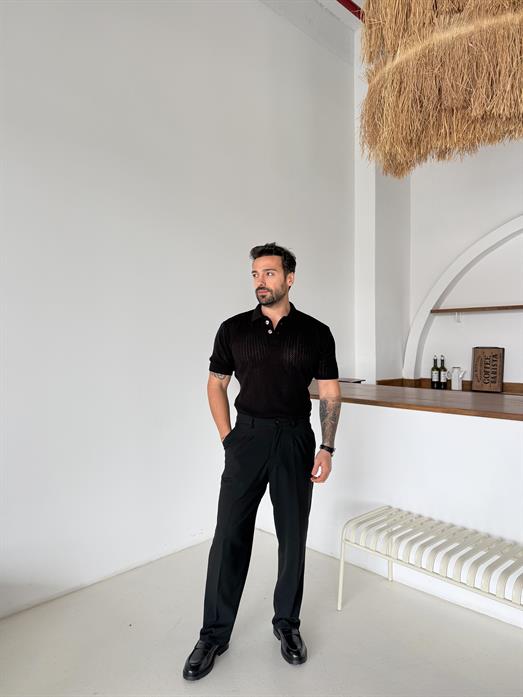 Siyah Patlı Acurlu Üç Düğme Pamuk Triko SNZ T7285