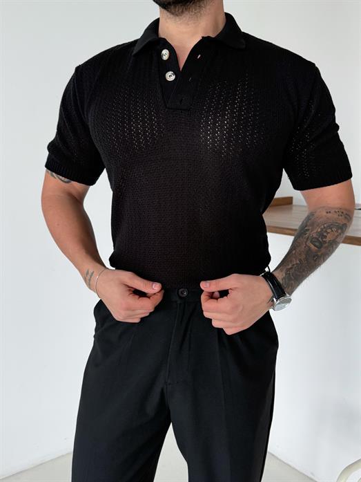 Siyah Patlı Acurlu Üç Düğme Pamuk Triko SNZ T7285