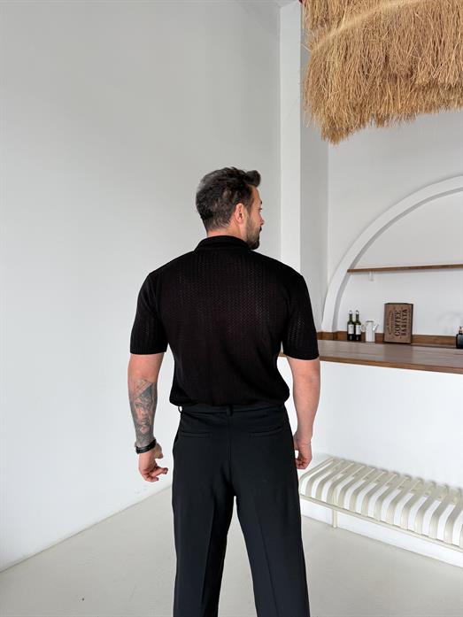 Siyah Patlı Acurlu Üç Düğme Pamuk Triko SNZ T7285