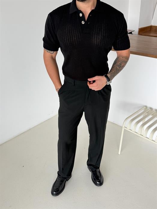 Siyah Patlı Acurlu Üç Düğme Pamuk Triko SNZ T7285