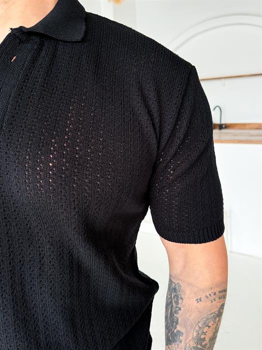 Siyah Patlı Acurlu Üç Düğme Pamuk Triko SNZ T7285