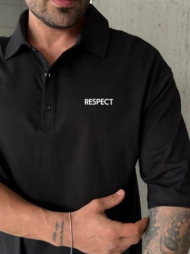 Siyah Respect Baskı Yakalı Bol Pamuk Tişört RP