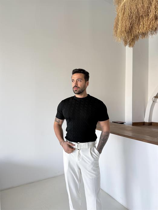 Siyah Saç Örgü Bisiklet Yaka Triko TK