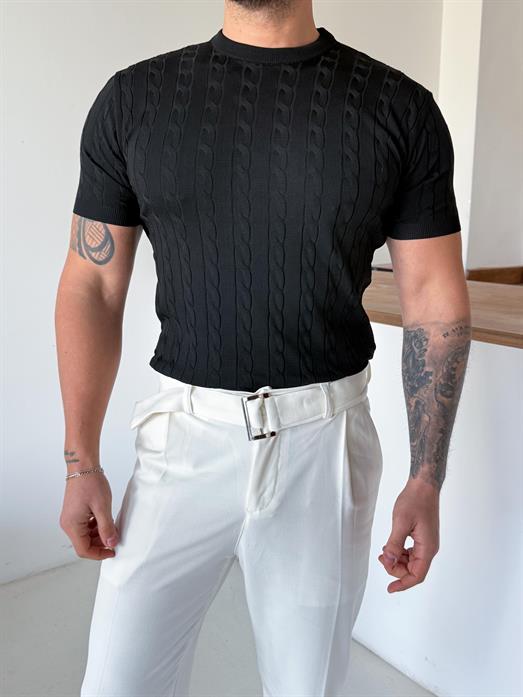 Siyah Saç Örgü Bisiklet Yaka Triko TK