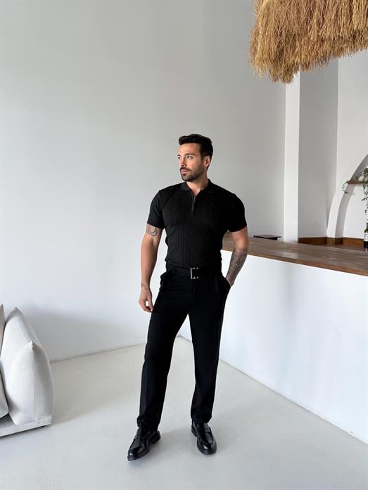 Siyah Saç Örgü Fermuarlı Triko TK