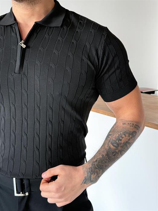 Siyah Saç Örgü Fermuarlı Triko TK