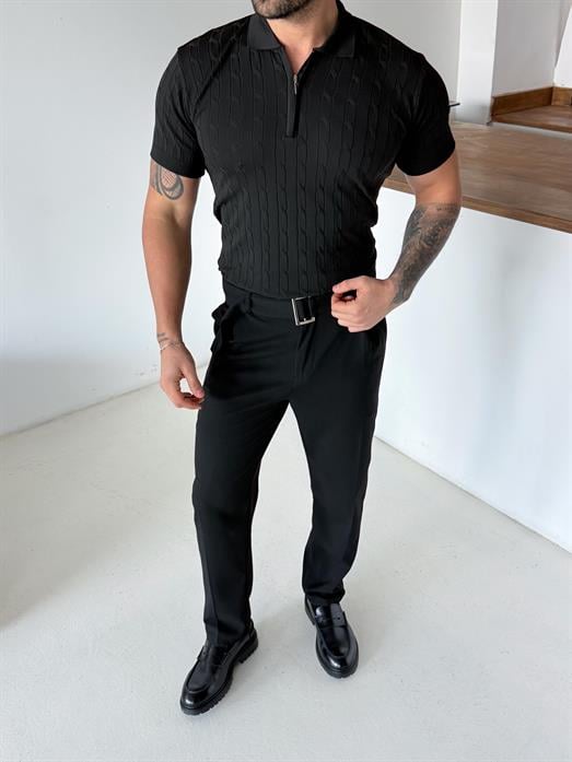 Siyah Saç Örgü Fermuarlı Triko TK